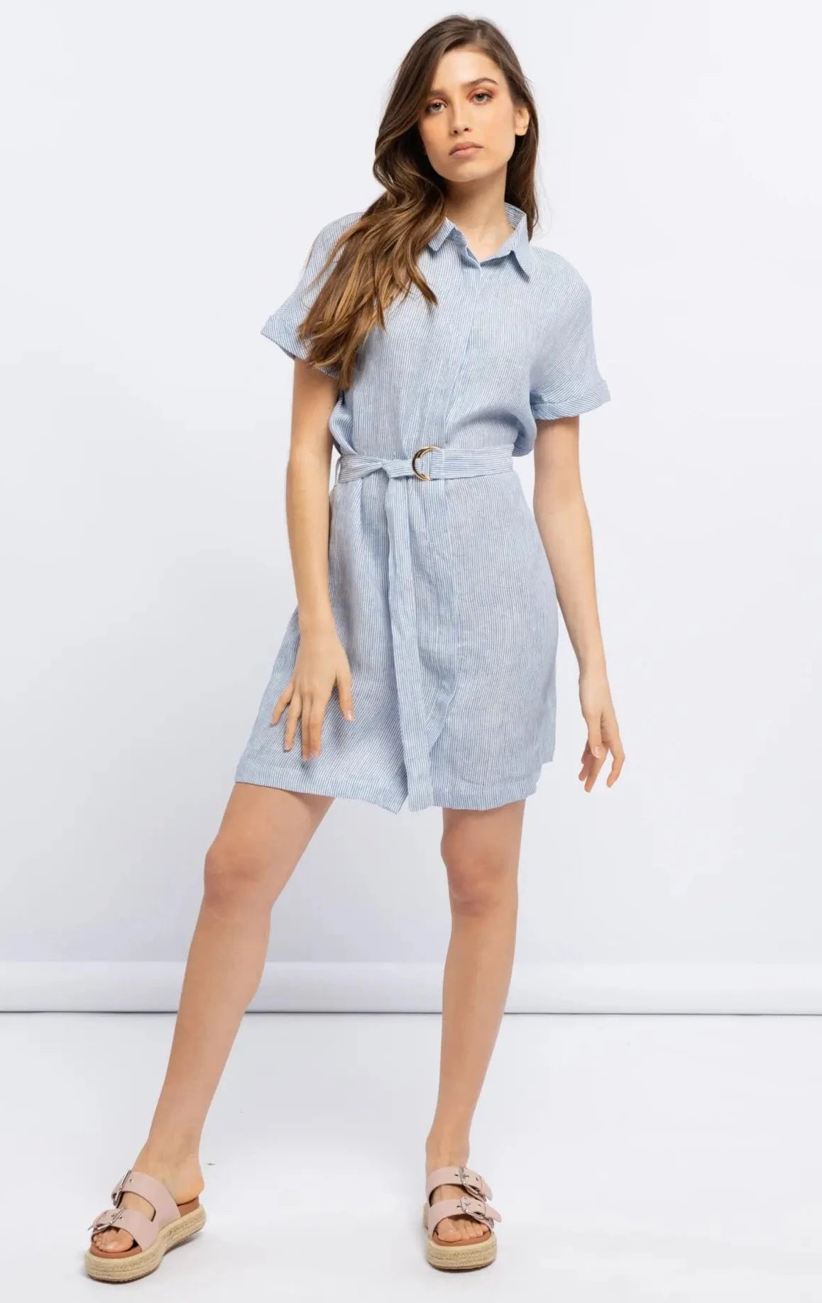 Linen Shirt Dress With Belt-Dresses-SMF-S-Urbanheer