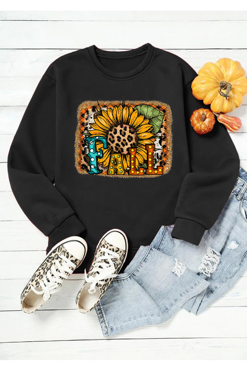 FALL Leopard Sunflower Print Halloween Graphic Sweatshirt-UHXC-Black-(US 4-6)S-Urbanheer