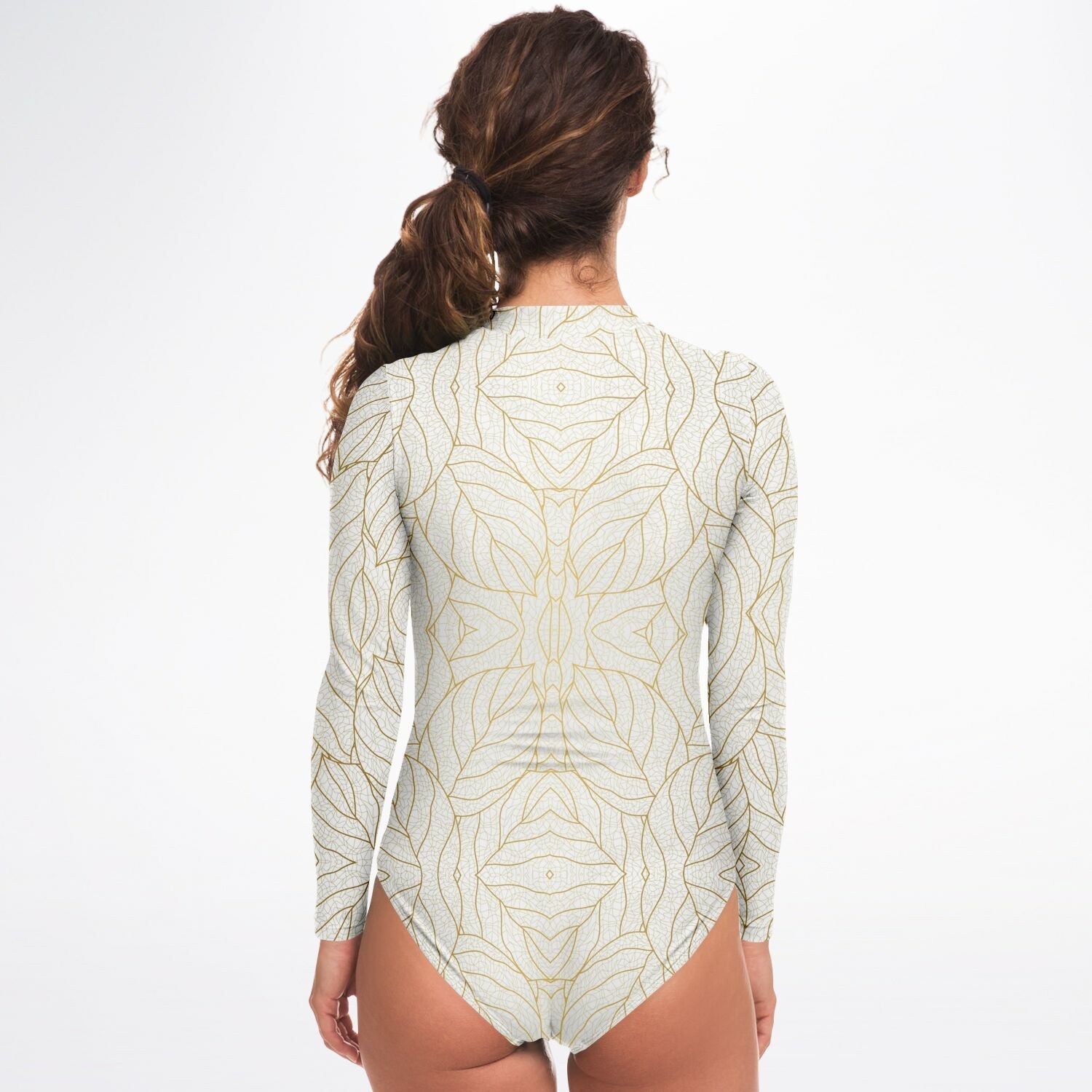 Abstract Gold Leaves Long Sleeve Bodysuit-Subliminator-XS-Urbanheer