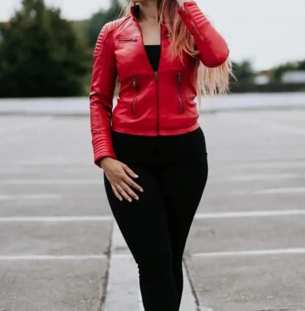 Angelina Biker Short Jacket Lamb Red Waxed-Apparel & Accessories-Urban 5884-S-Urbanheer