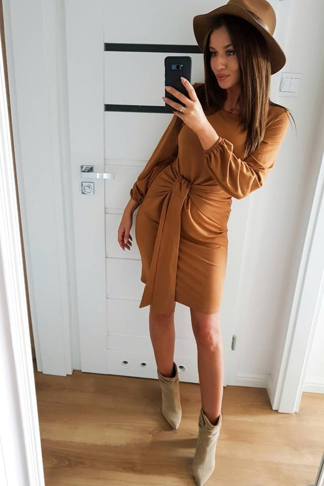 Numoco 275-1 Jenny Comfortable Dress With Binding At The Waist - Caramel-numoco-Caramel-XS-Urbanheer