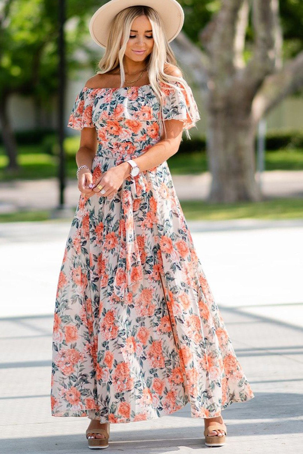 Women's maxi dress Flower white-UHXE-M-Urbanheer