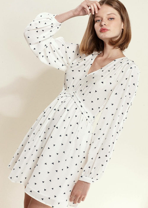 Women'S Triangle Print Long Sleeve Dress In White Triangle-Lemon Hera-L-White-Urbanheer