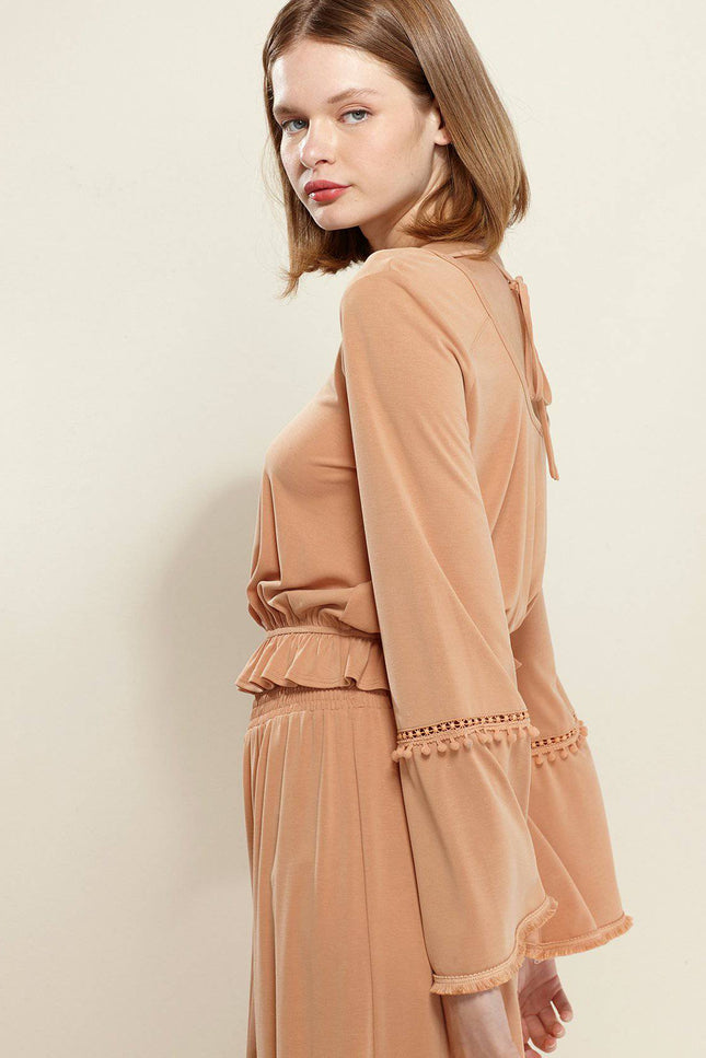 Women'S Fringe Cuff Bell Sleeve Top In Apricot