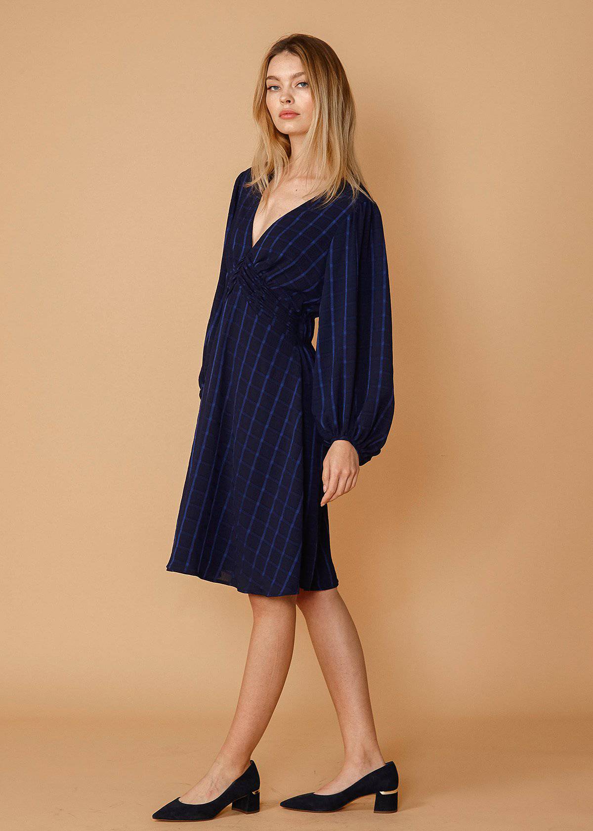 V-Neck Checkered Dress In Nightplaid-Lemon Hera-L-Nigh plaid-Urbanheer