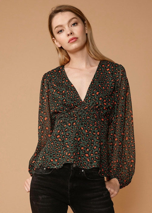V-Neck Puff Sleeve Blouse In Leopard Hunt-Lemon Hera-L-Leopard hunt-Urbanheer