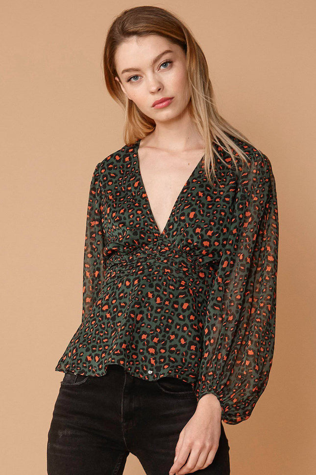 V-Neck Puff Sleeve Blouse In Leopard Hunt