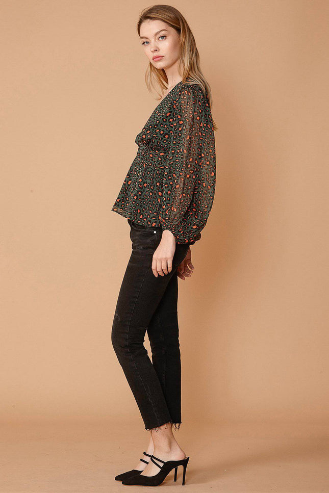 V-Neck Puff Sleeve Blouse In Leopard Hunt