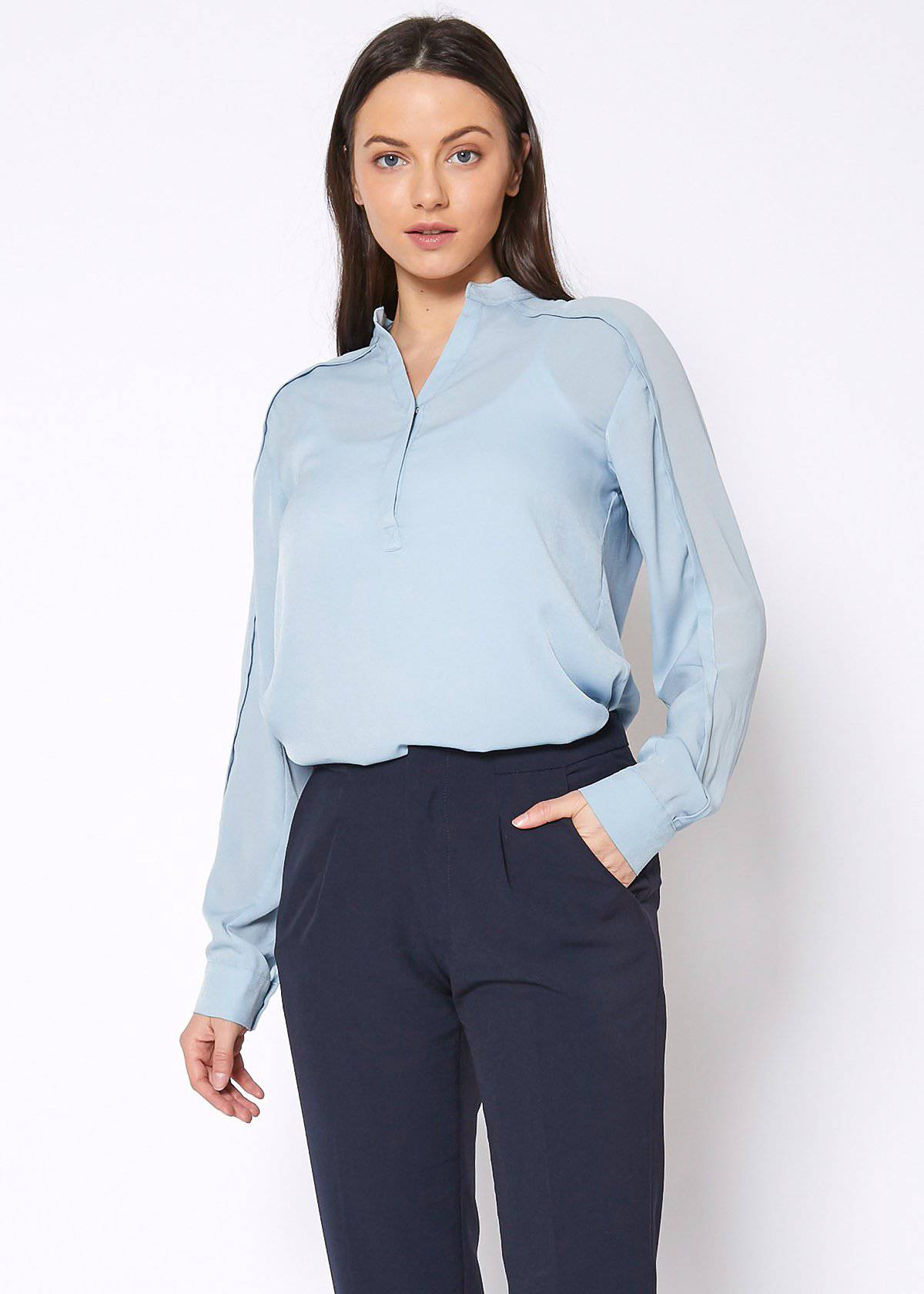Women'S Mandarin Collar Shirt Blouse In Cashmere Blue-Lemon Hera-L-Urbanheer