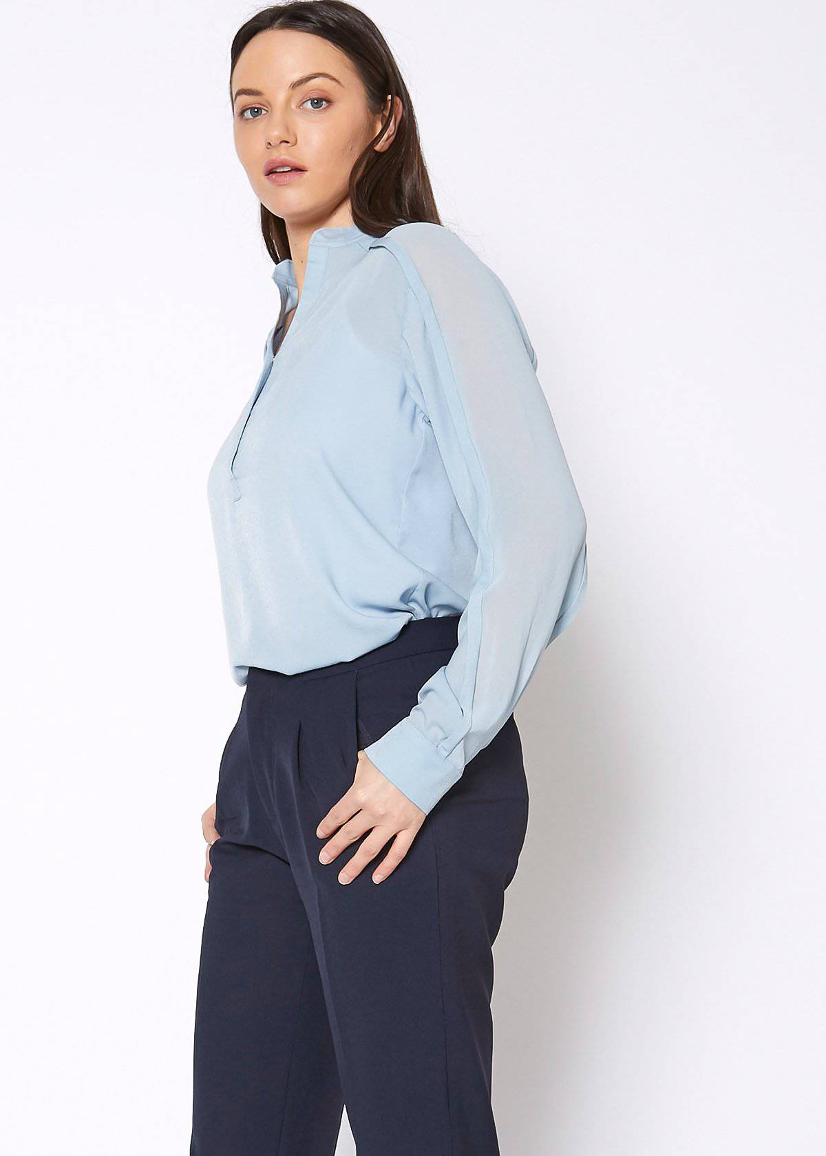 Women'S Mandarin Collar Shirt Blouse In Cashmere Blue-Lemon Hera-L-Urbanheer