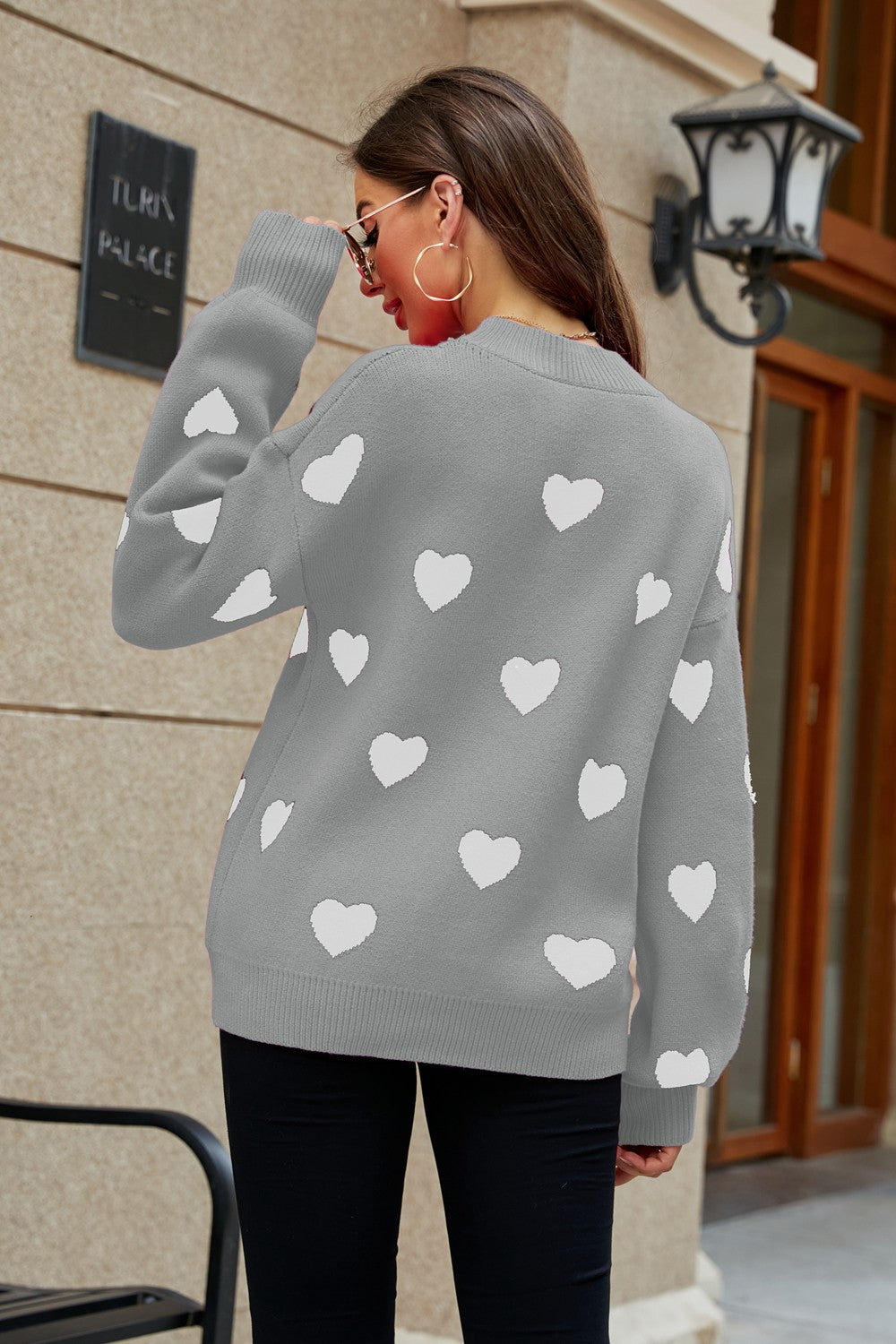 Heart Pattern Lantern Sleeve Round Neck Tunic Sweater-Collab-Rose-S-Urbanheer