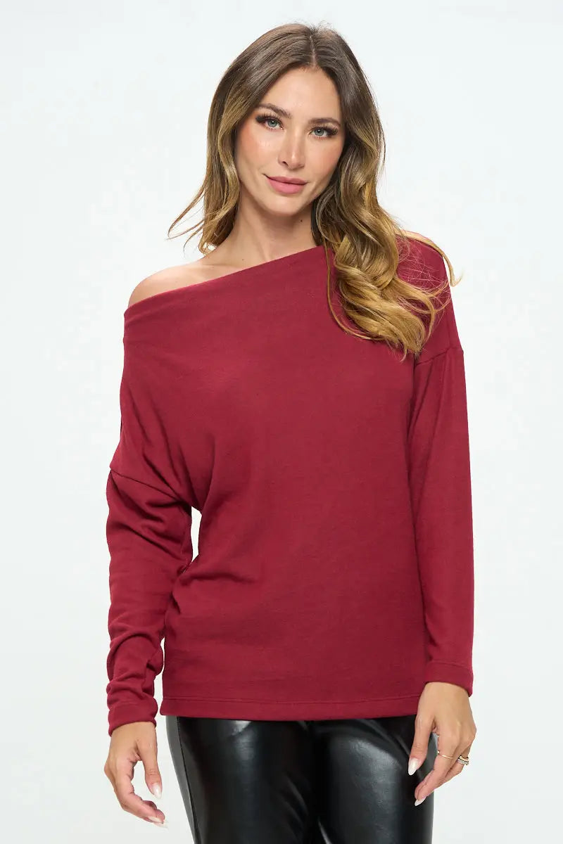Burgundy Brushed Knit Off The Shoulder Top.-Renee C.-S-Urbanheer