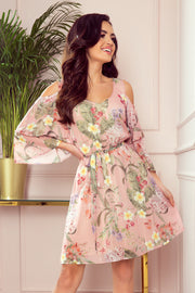 Numoco 292-1 Marina Flimsy Dress With A Neckline - Pink With Flowers-numoco-Pink With Flowers-S-Urbanheer