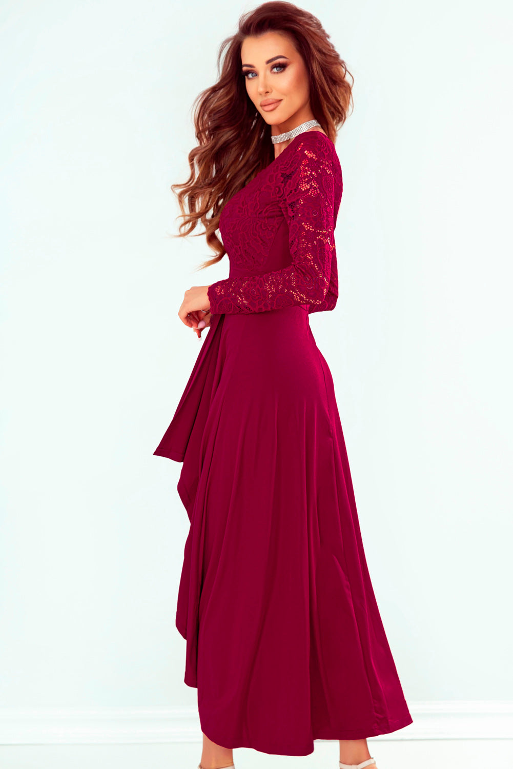 Lace High-Low V-Neck Dress-Street 360-Black-S-Urbanheer