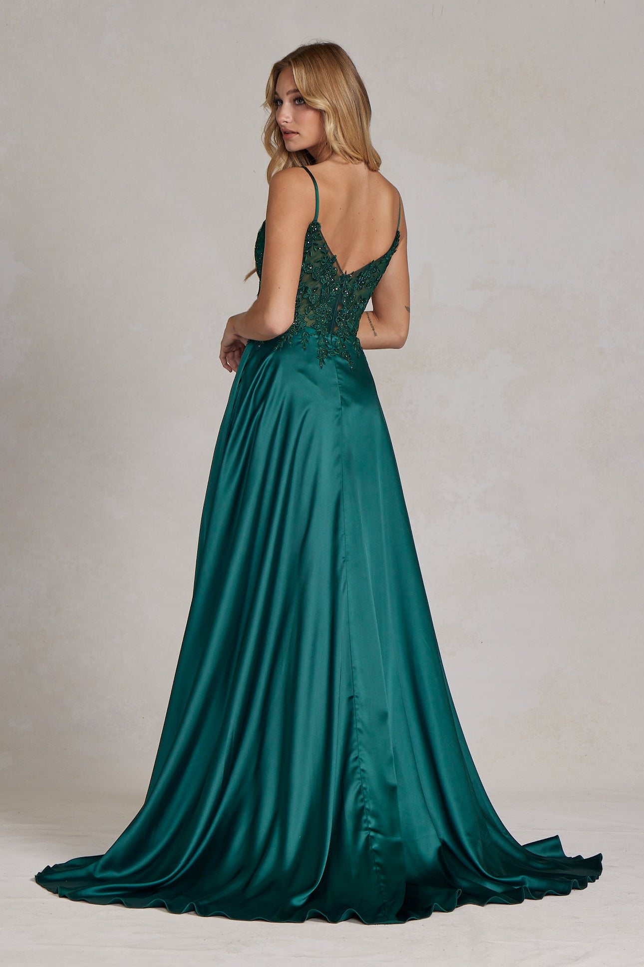 Embroidered Lace Bodice Open V-Back-NXAB-00-EMERALD-Urbanheer