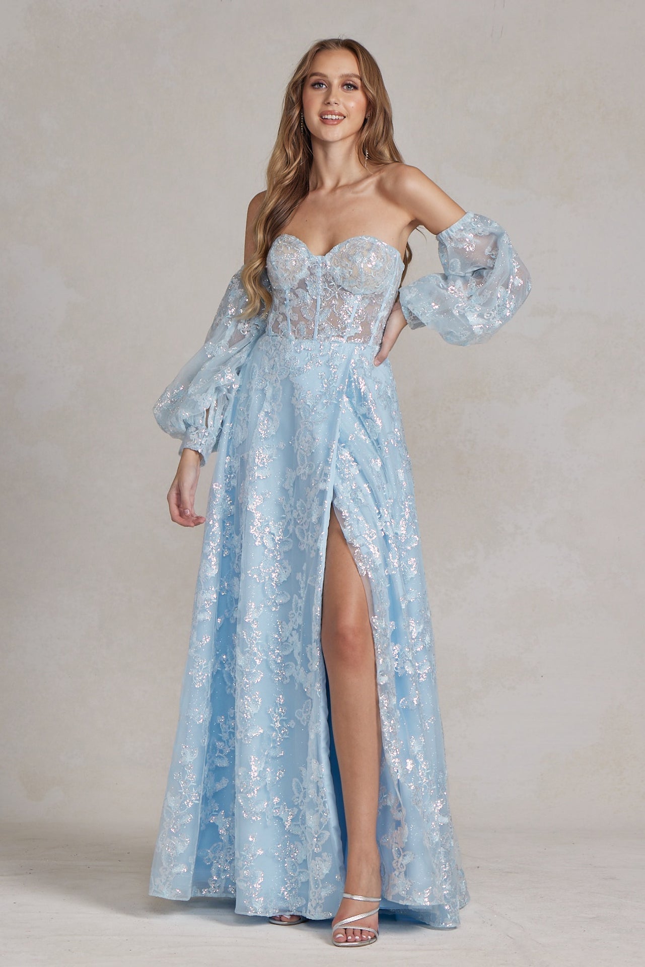 Off Shoulder Sweetheart Sheer Bodice Dress-NXAB-00-BLUE-Urbanheer