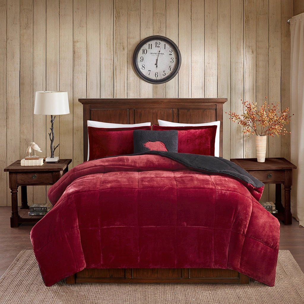 Plush To Sherpa Winter Comforter Set, Red-Olliix-Twin-Urbanheer