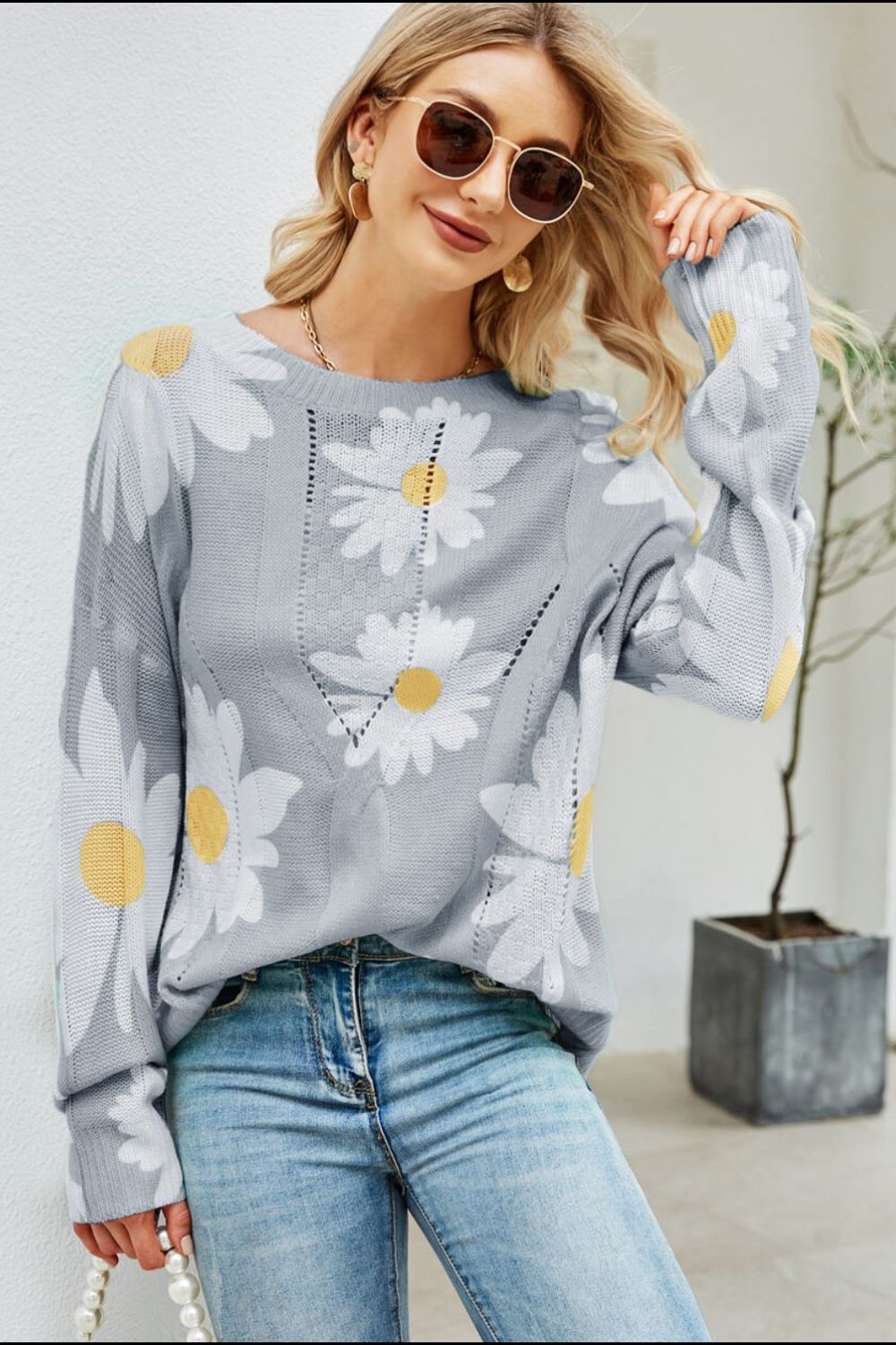 Daisy Print Openwork Round Neck Sweater-Street 360-Dark Gray-S-Urbanheer