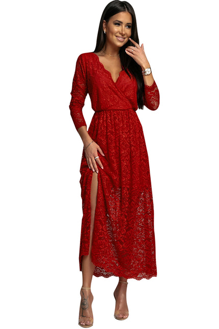 Red Long Sleeve V Neck Lace Maxi Dress with Split-UHXC-Urbanheer