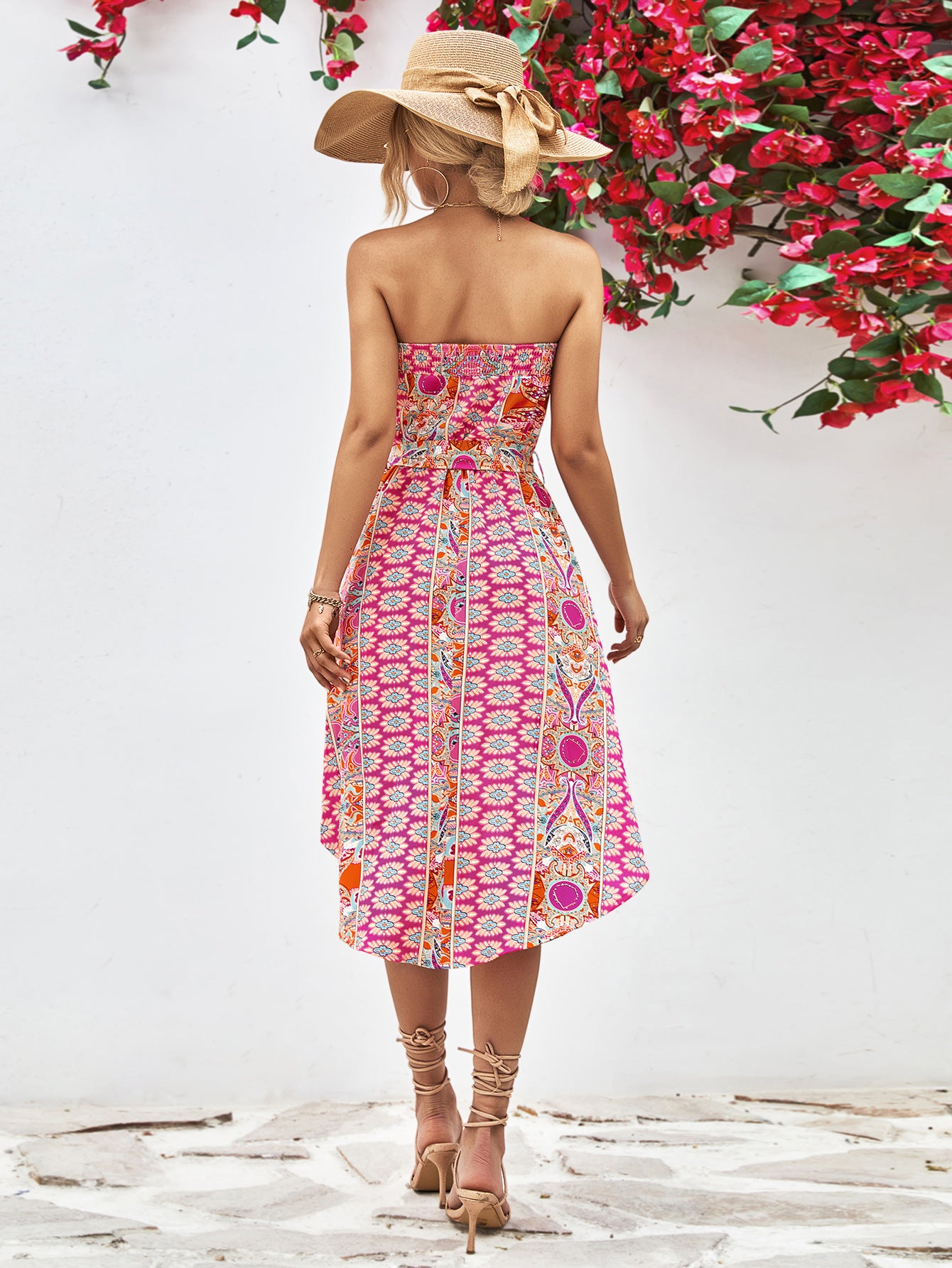 Printed Strapless Tie Belt Dress-Street 360-Hot Pink-S-Urbanheer