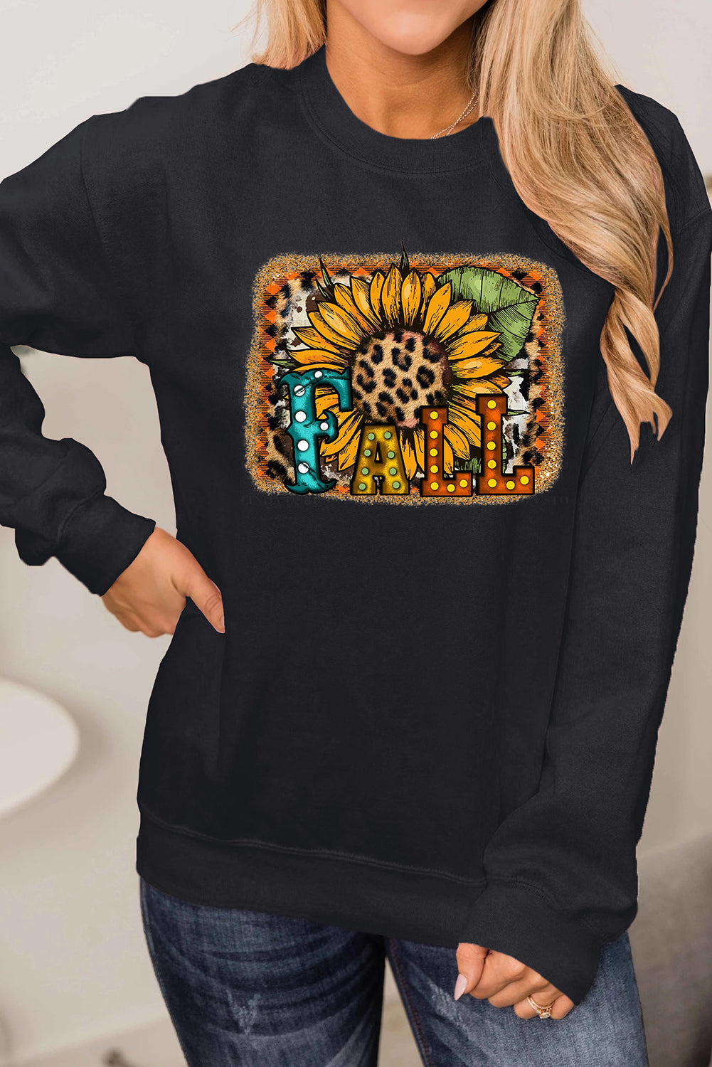 FALL Leopard Sunflower Print Halloween Graphic Sweatshirt-UHXC-Black-(US 4-6)S-Urbanheer