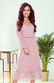 Numoco 304-1 Chiffon midi dress with a neckline and frill - dirty pink-numoco-Dirty Pink-S-Urbanheer