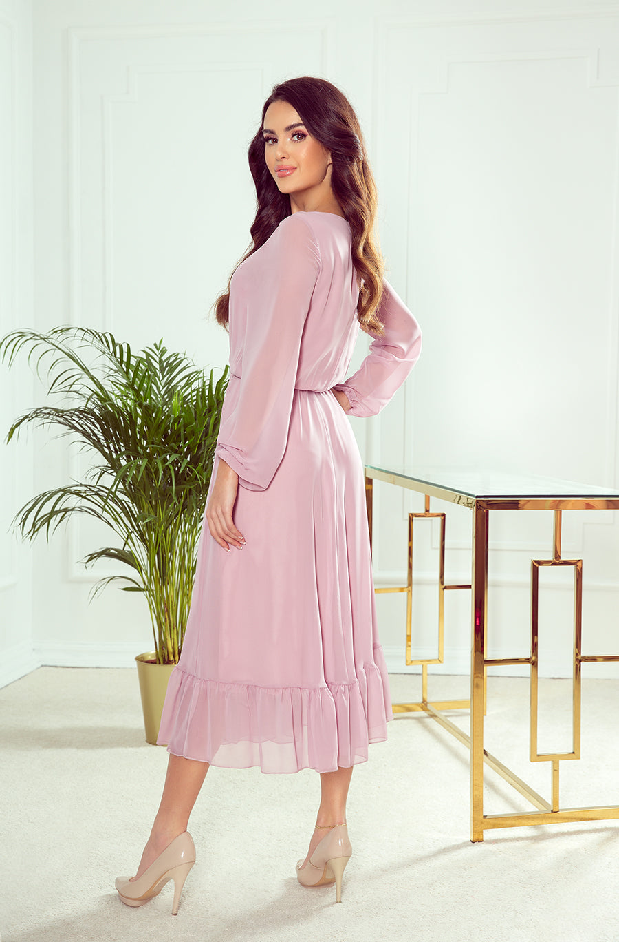 Numoco 304-1 Chiffon midi dress with a neckline and frill - dirty pink-numoco-Dirty Pink-S-Urbanheer
