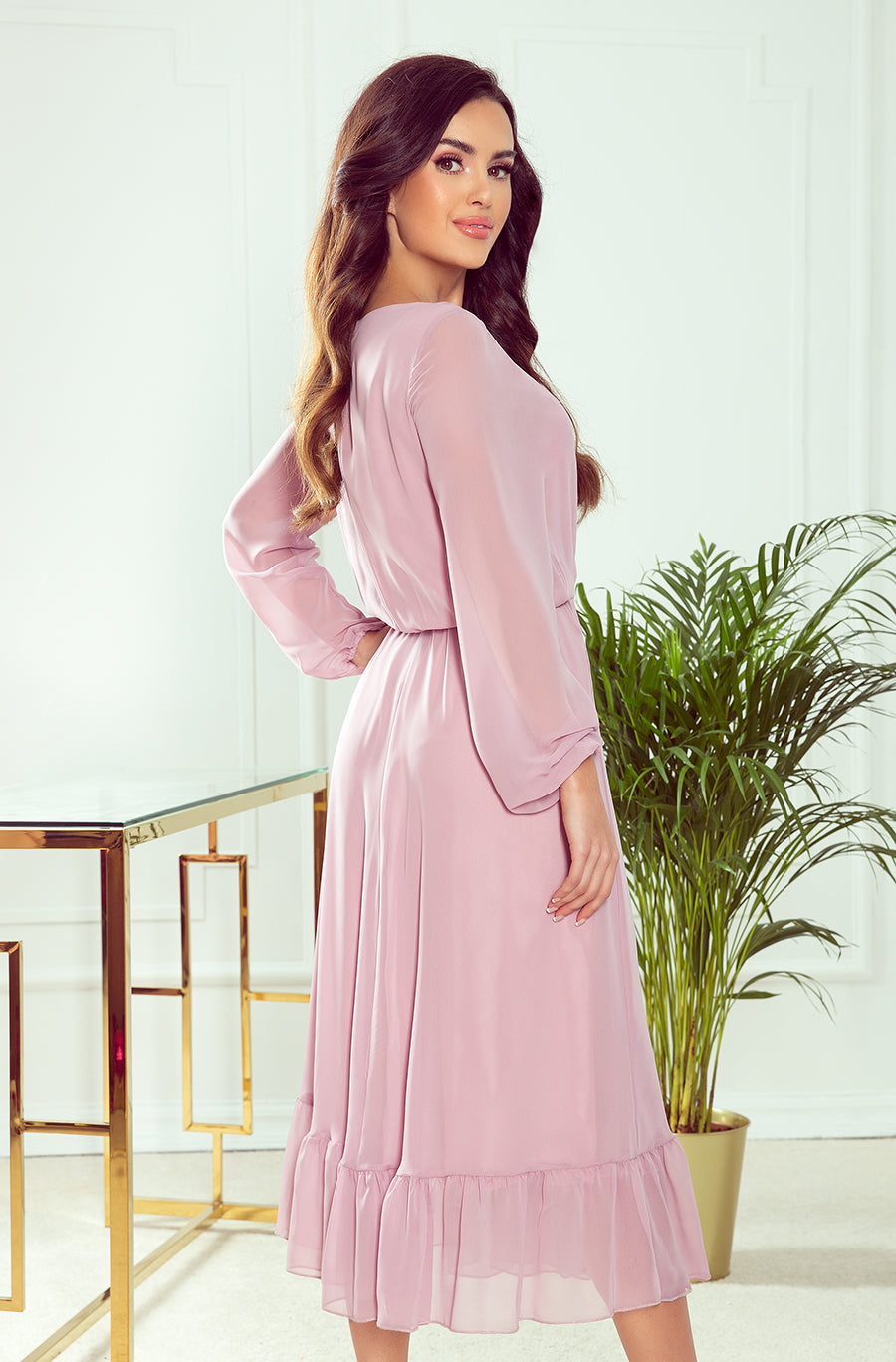 Numoco 304-1 Chiffon midi dress with a neckline and frill - dirty pink-numoco-Dirty Pink-S-Urbanheer