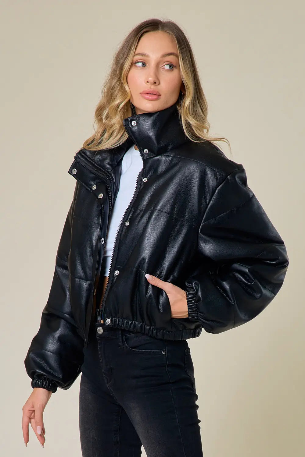 Black Leather Puffer Jacket-Saints & Hearts-S-Urbanheer