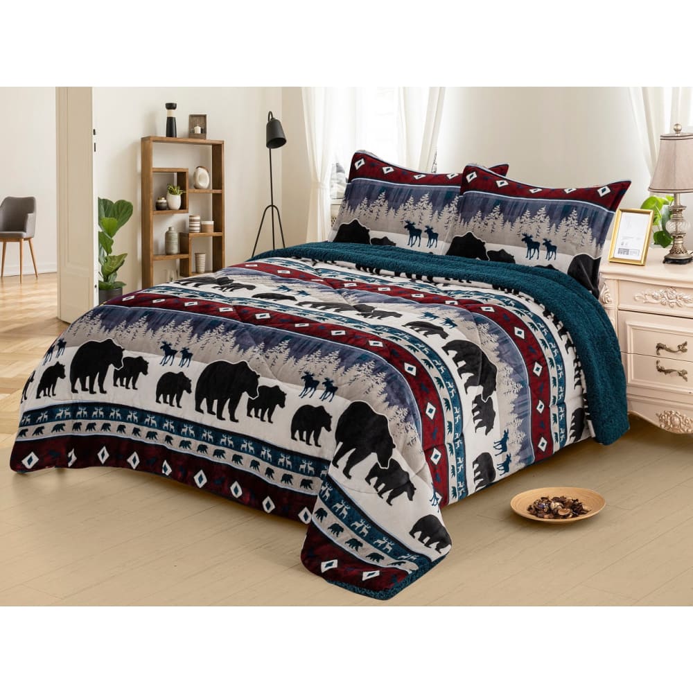 Sherpa Plush Bear Trail Lodge Blanket - 3 Piece Set.-Linen Mart-King-Urbanheer