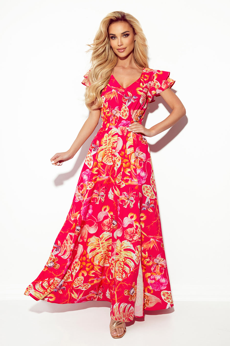Numoco 310-4 Lidia Long Dress With Neckline And Frills - Pink With Flowers-numoco-Pink With Flowers-S-Urbanheer