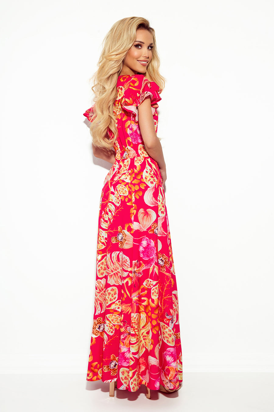 Numoco 310-4 Lidia Long Dress With Neckline And Frills - Pink With Flowers-numoco-Pink With Flowers-S-Urbanheer