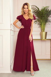 Numoco 310-5 Lidia Long Dress With A Neckline And Frills - Burgundy Color-numoco-Burgundy Color-S-Urbanheer