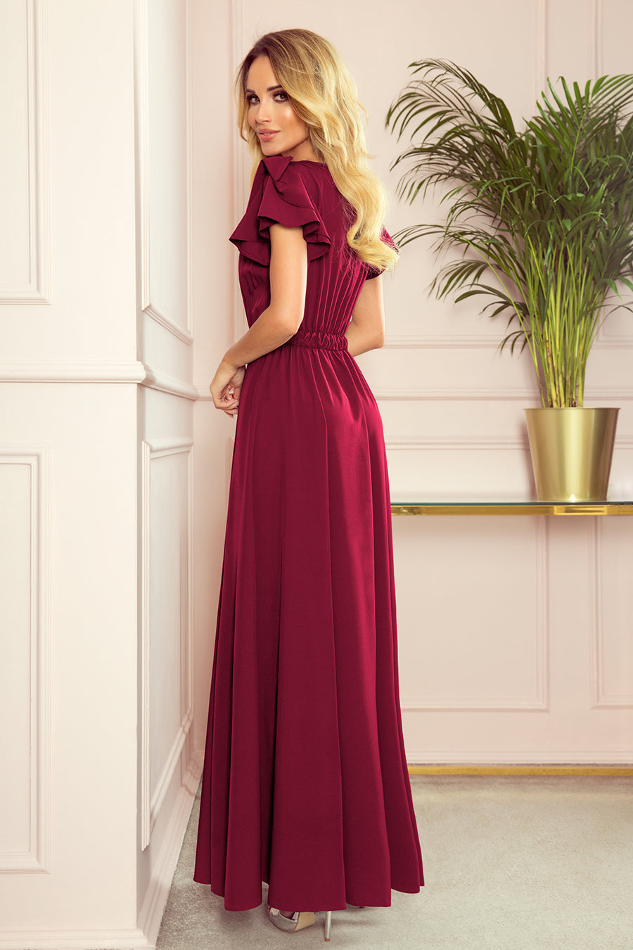Numoco 310-5 Lidia Long Dress With A Neckline And Frills - Burgundy Color-numoco-Burgundy Color-S-Urbanheer