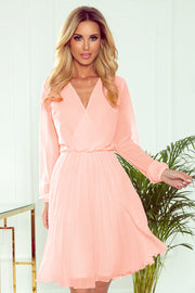 Numoco 313-2 Isabelle Pleated Dress With Neckline And Long Sleeve - Peach Color-numoco-Peach Color-XS-Urbanheer
