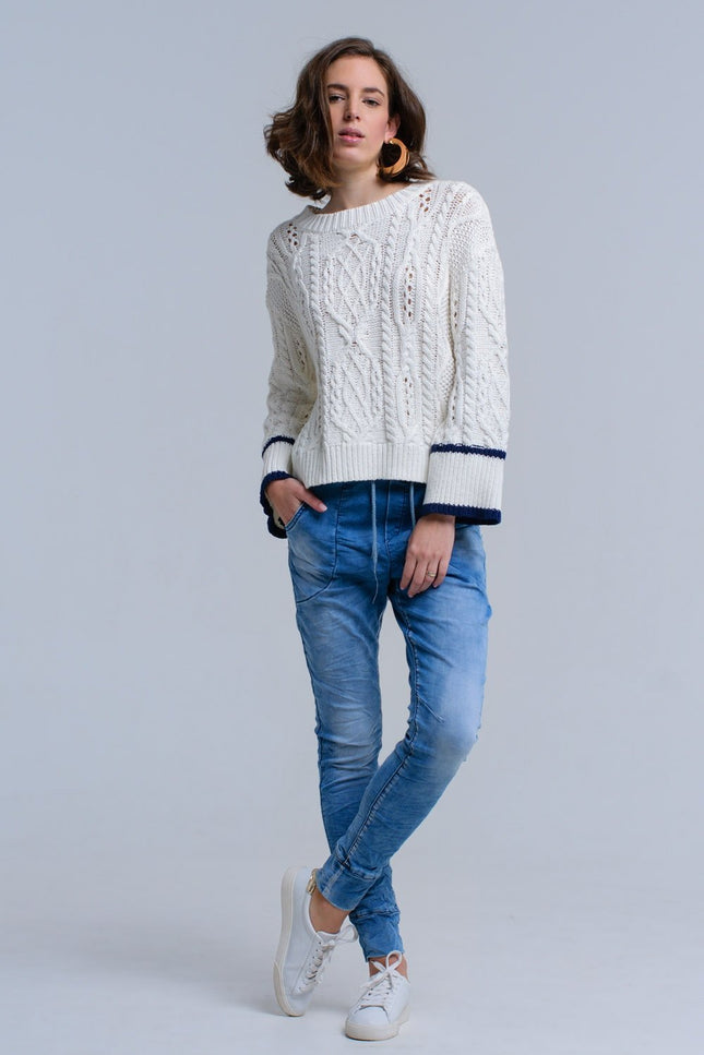 Cream Cable Sweater With Stripe Detail-Q2-Urbanheer