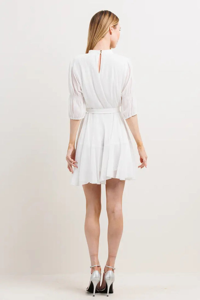 Pleats Effect Body Puff Sleeve Mini Dress-Neon Blush-Urbanheer