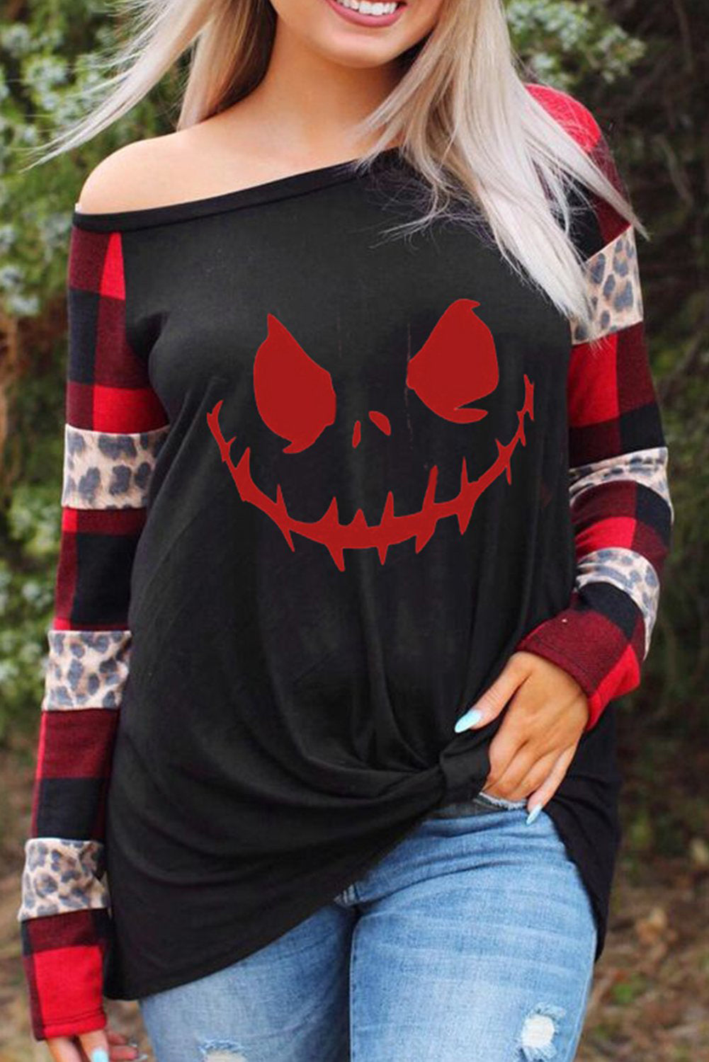 Black Halloween Leopard-printed-plaid-splicing-blouse-black-UHXC-Black-(US 4-6)S-Urbanheer