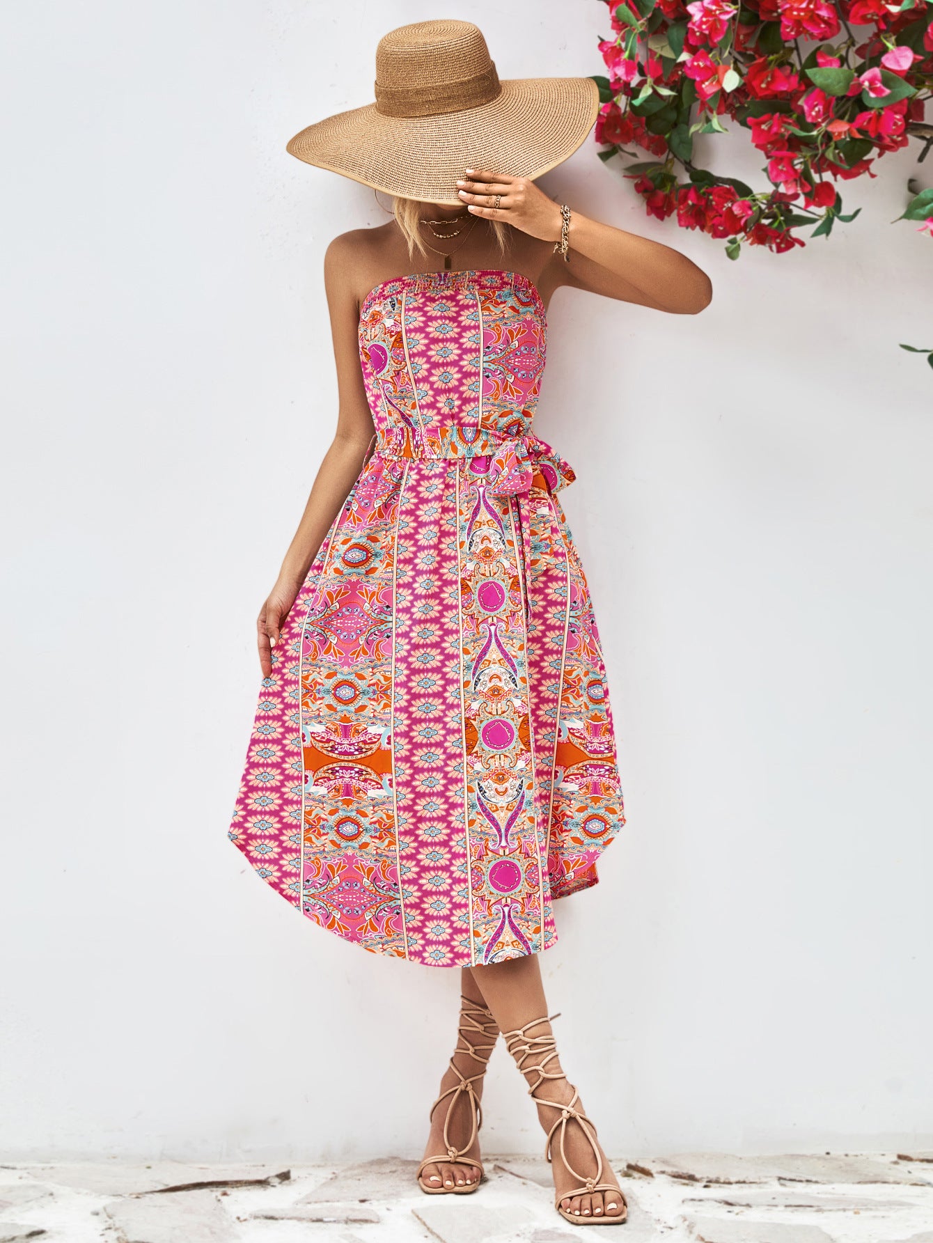 Printed Strapless Tie Belt Dress-Street 360-Hot Pink-S-Urbanheer