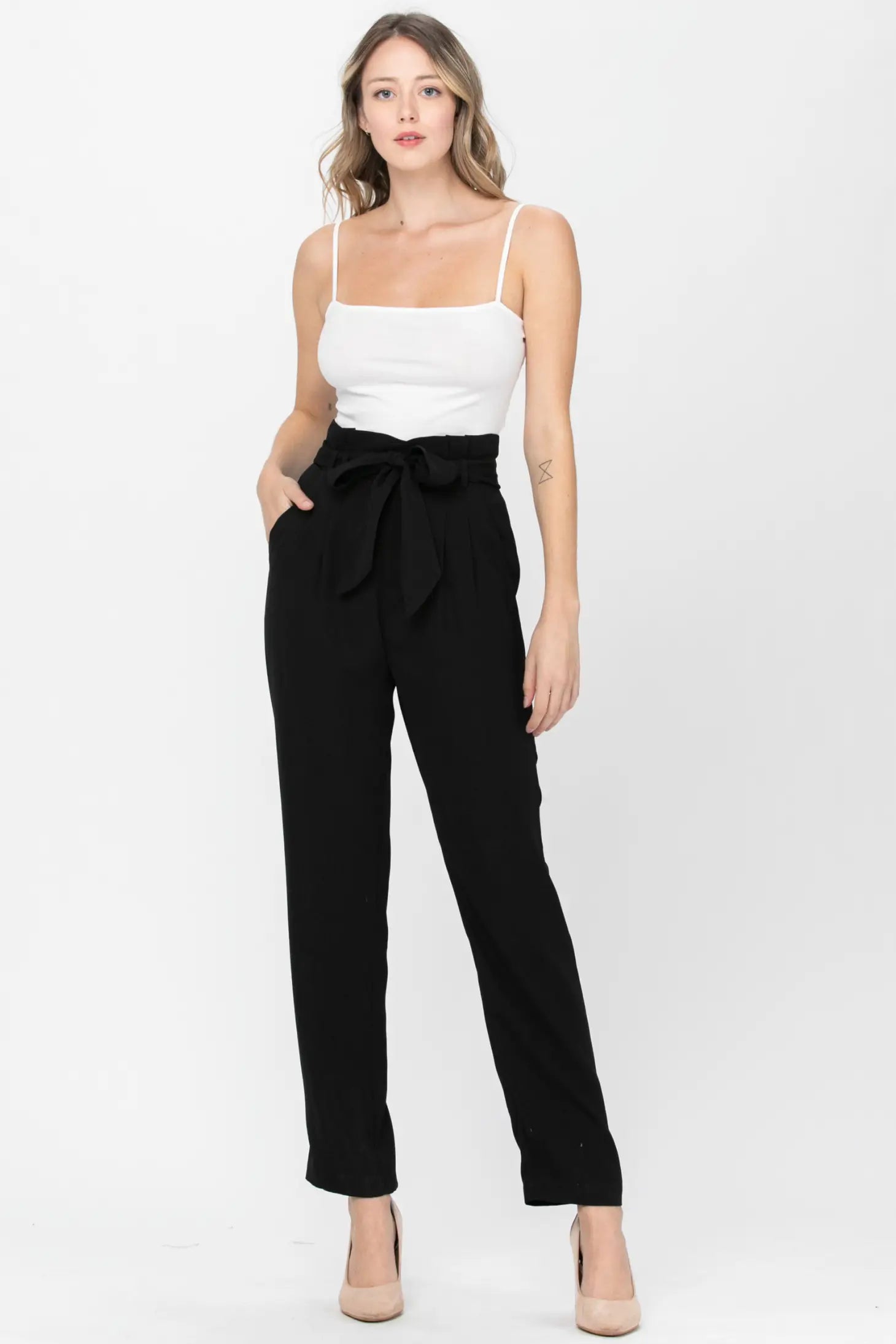Belted Detail Straight Pants - Black-Neon Blush-S-Urbanheer