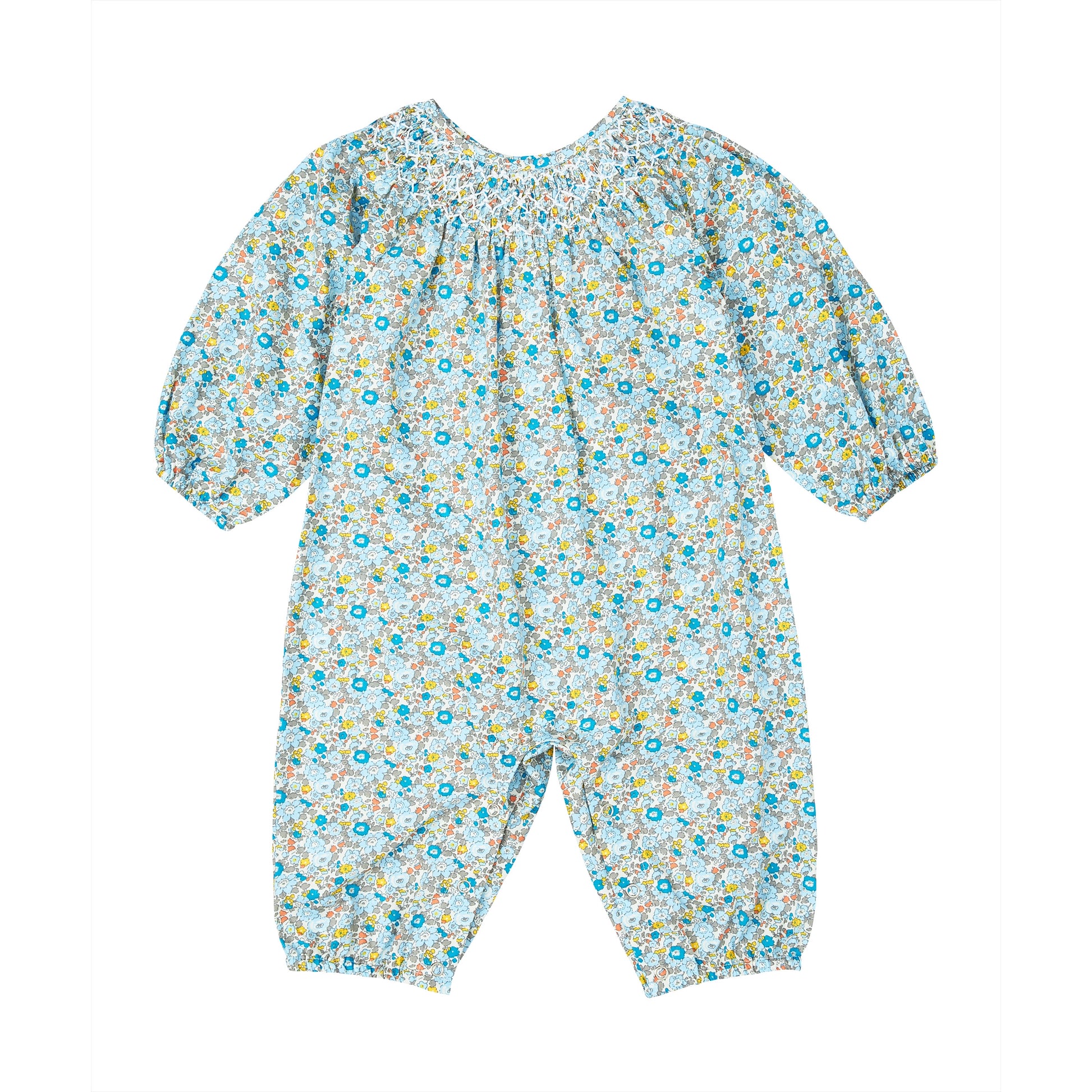 Long-Sleeve Smocked Liberty Playsuit-Petit confection-3M-Urbanheer