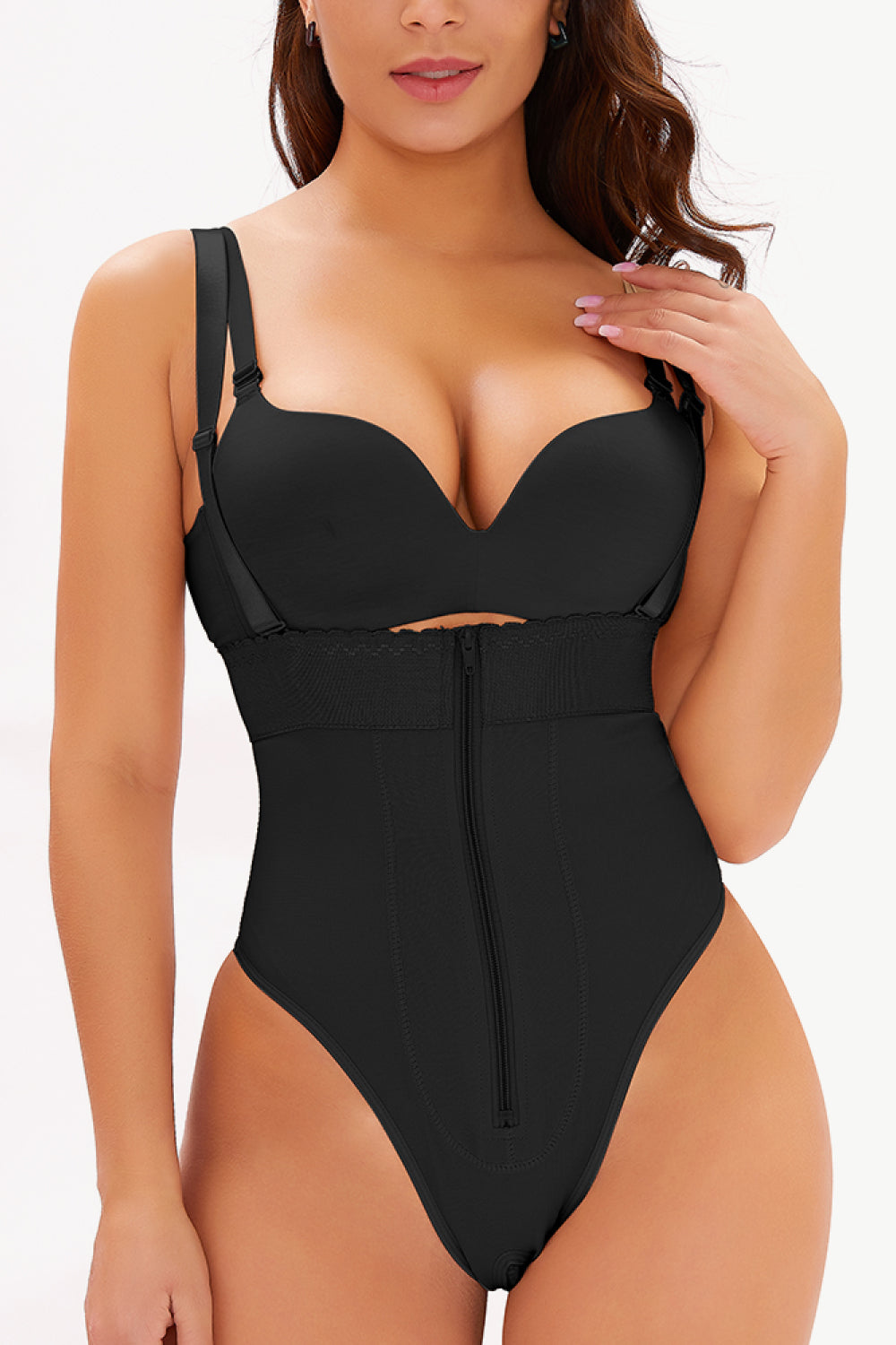 Full Size Adjustable Strap Zip-Up Shaping Bodysuit-Street 360-Black-S-Urbanheer