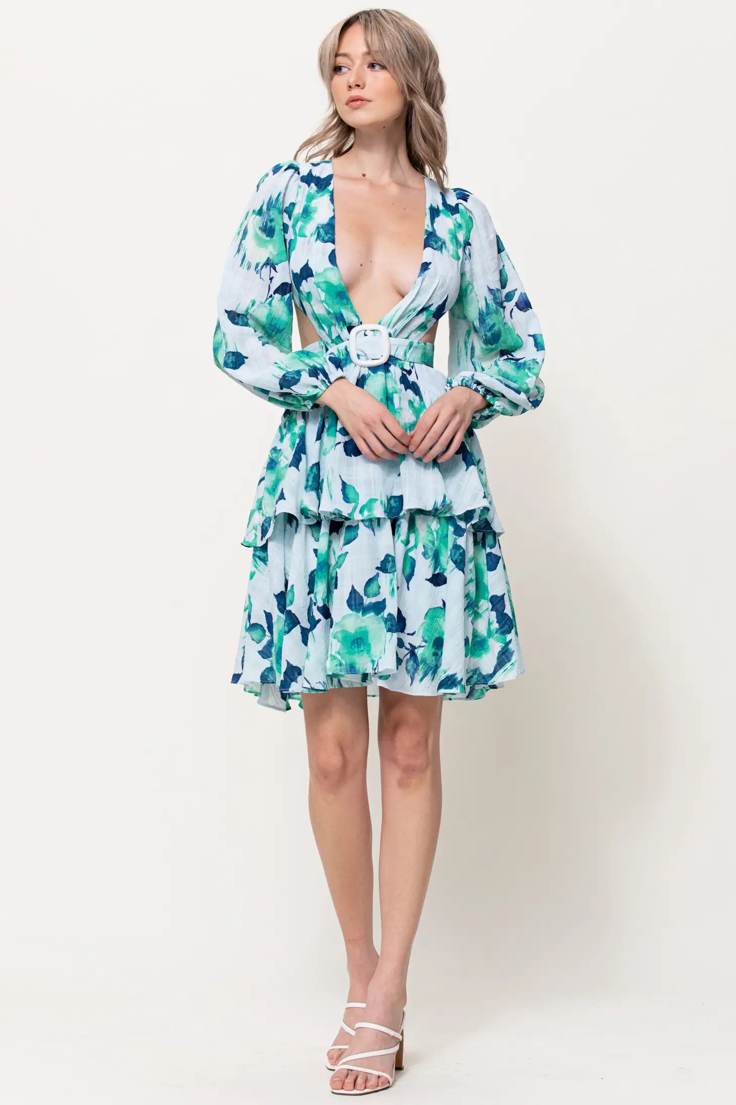 Front Buckle Detail Cut Out Mini Dress-Neon Blush-S-Green-Urbanheer