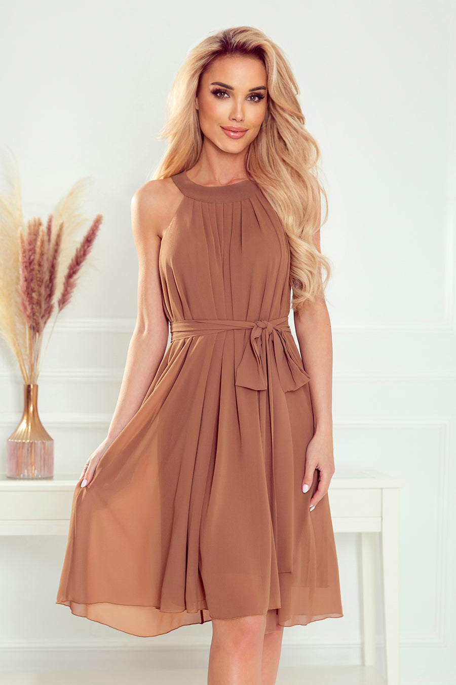 Numoco 350-8 ALIZEE - chiffon dress with a binding - MOCCA-numoco-Mocca-S-Urbanheer