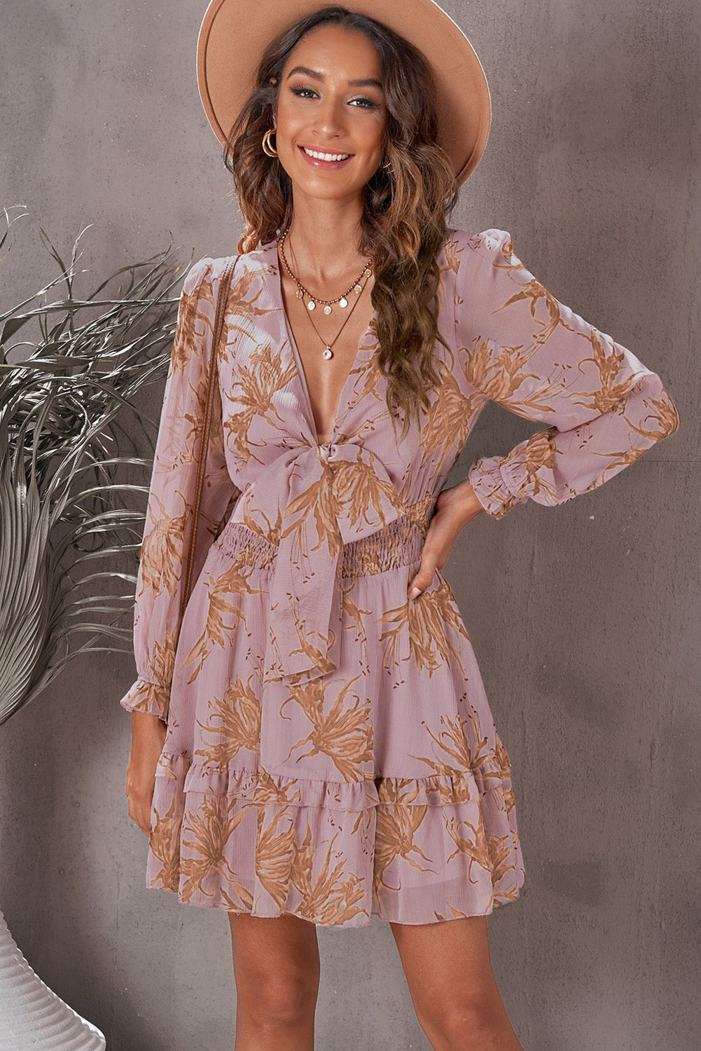 Floral Deep V Flounce Sleeve Mini Dress-Street 360-Light Mauve-S-Urbanheer