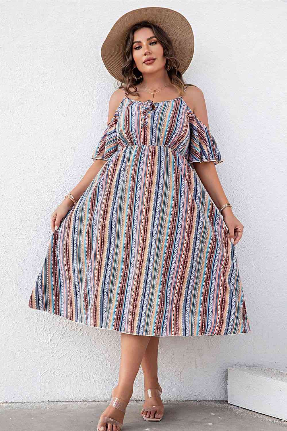 Plus Size Striped Cold-Shoulder Dress-Street 360-Multicolor-1XL-Urbanheer