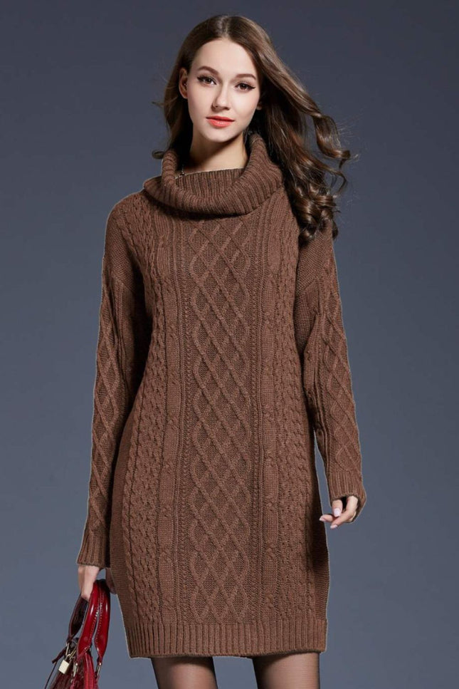 Full Size Mixed Knit Cowl Neck Dropped Shoulder Sweater Dress-Collab-Brown-M-Urbanheer