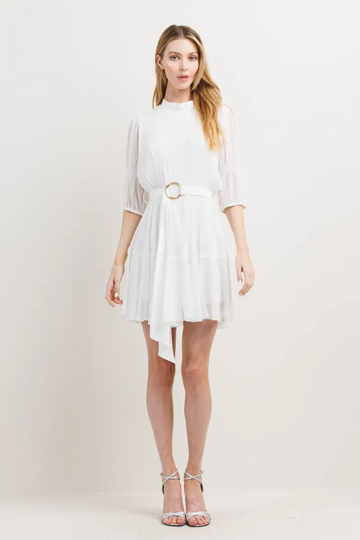 Pleats Effect Body Puff Sleeve Mini Dress-Neon Blush-S-Urbanheer