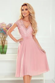 Numoco 381-1 Linda - Chiffon Dress With Lace Neckline - Dirty Pink-numoco-Dirty Pink-S-Urbanheer