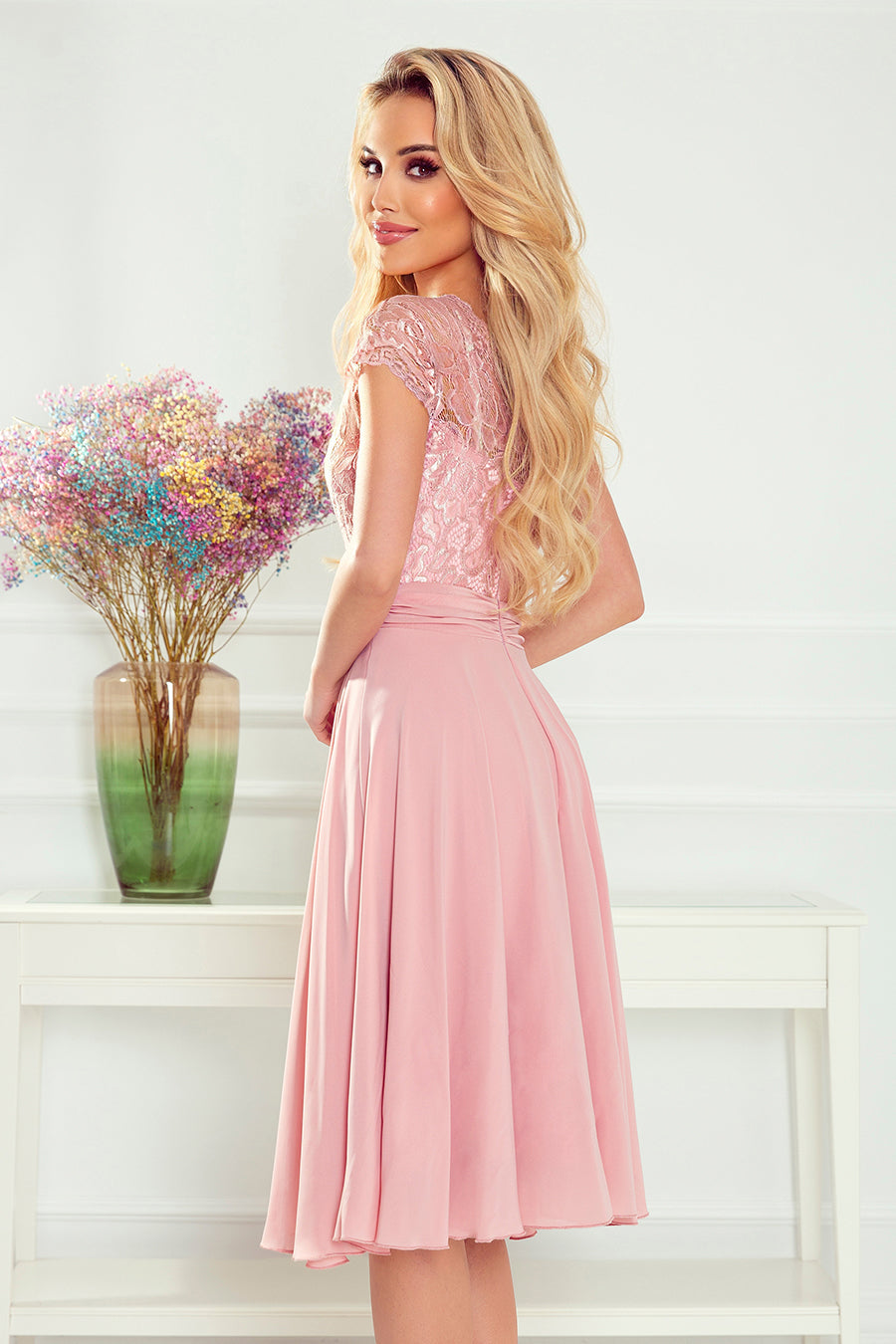 Numoco 381-1 Linda - Chiffon Dress With Lace Neckline - Dirty Pink-numoco-Dirty Pink-S-Urbanheer